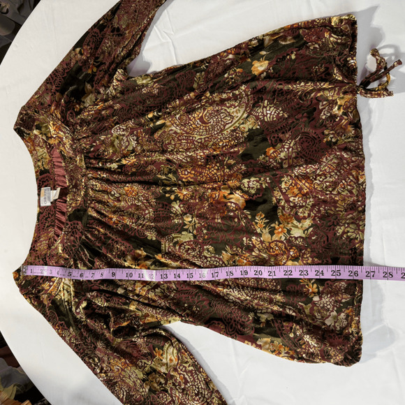 Chico's Velvet Burnout Blouse Size 3 or‎ XL Maroon Gold Floral Print - Picture 7 of 8